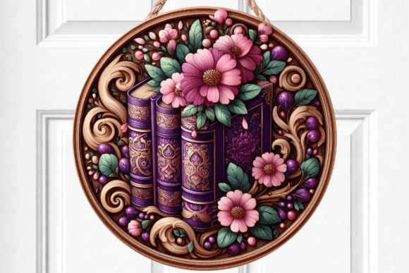 Purple Floral Vintage Books Door Sign