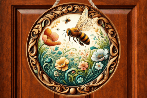 Vintage Floral Honey Bee Round Door Sign